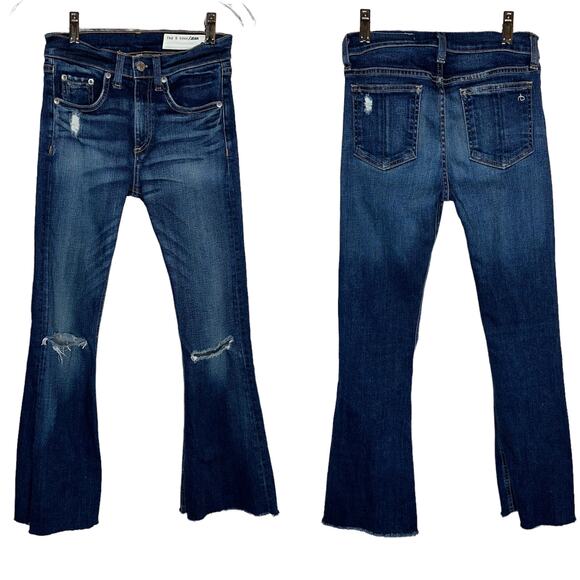 Rag & Bone 10 Inch Flare High Rise Distressed Denim Jeans Mabel Blue Size 24 - Picture 1 of 10